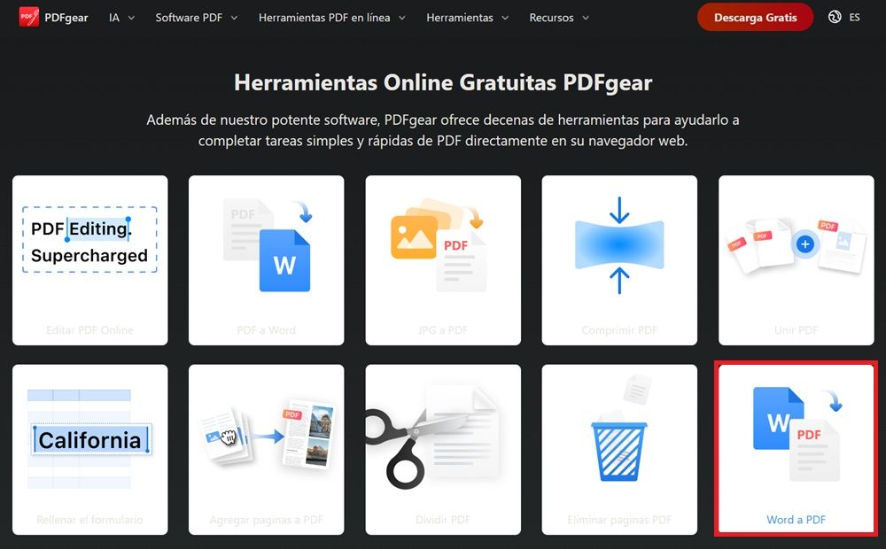 PDFGear online, opción de convertir Word a PDF entre sus herramientas principales.