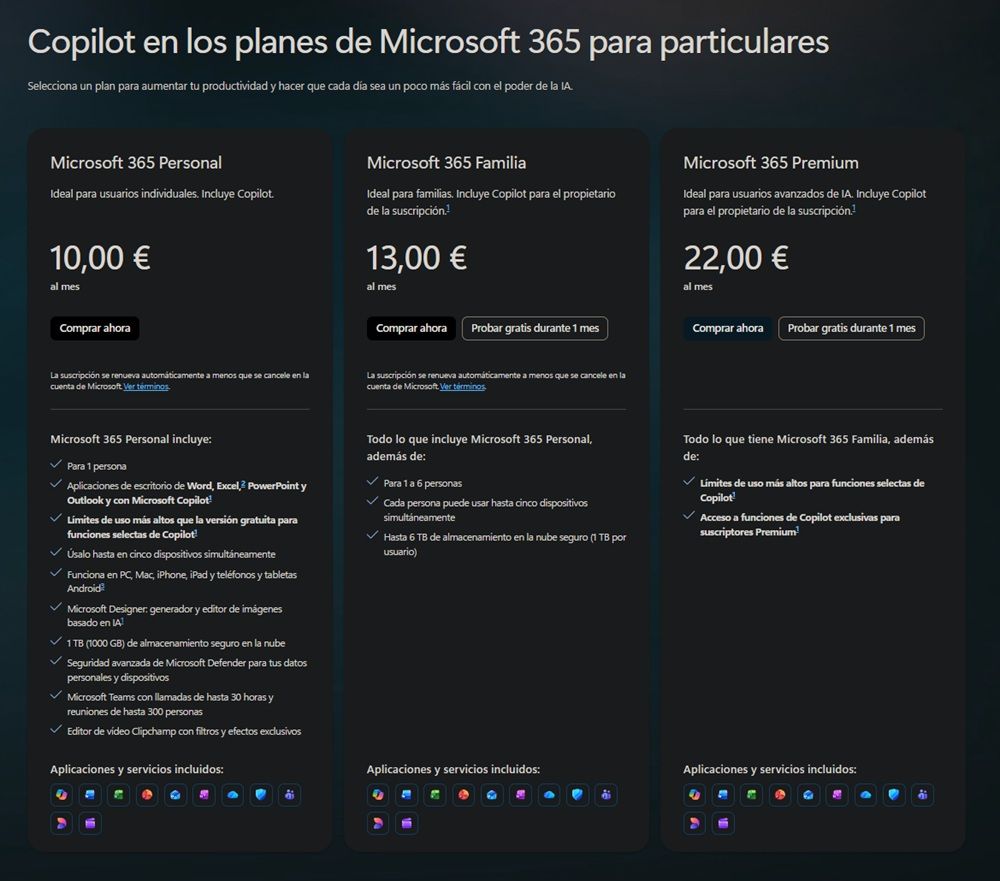 Desglose de planes de pago disponibles para suscripciones individuales de Copilot