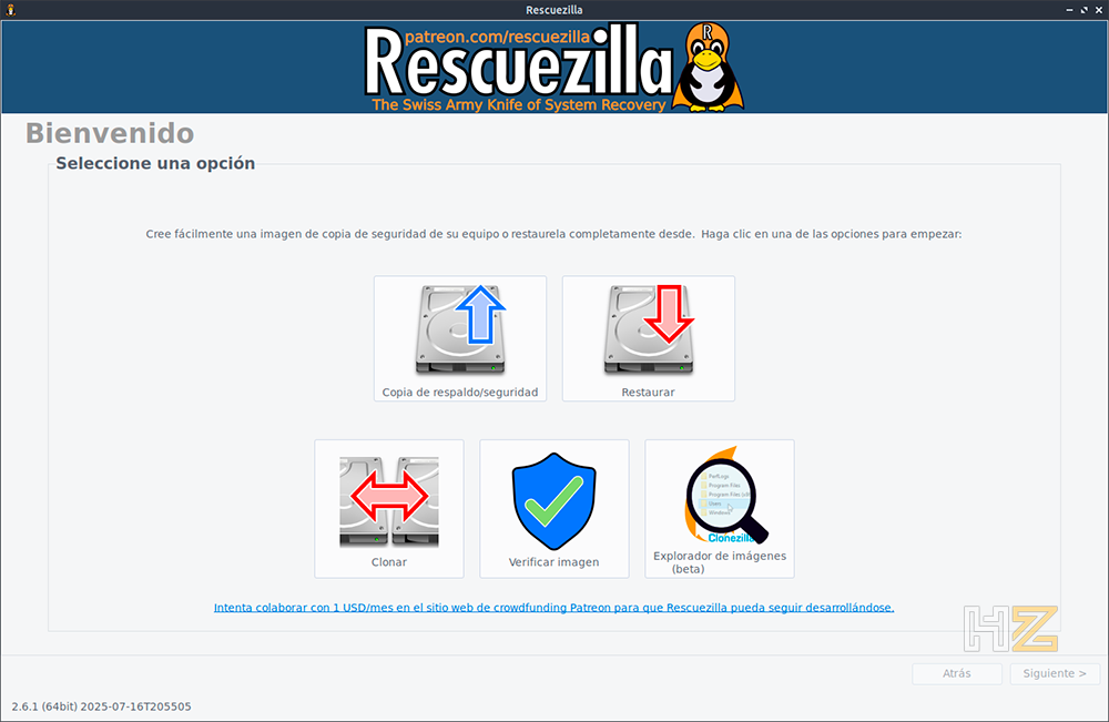 Pantalla de inicio de Rescuezilla con la opción 'Clonar' resaltada para iniciar el proceso de migración de disco