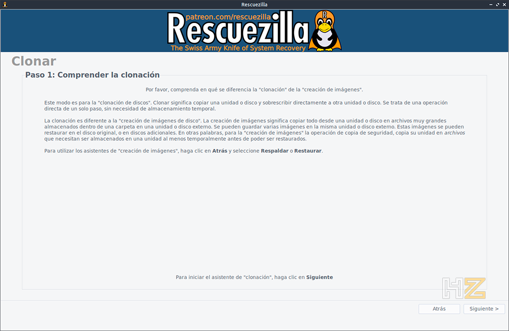 Ventana de confirmación en Rescuezilla explicando que el proceso de clonación sobrescribirá los datos en el disco de destino