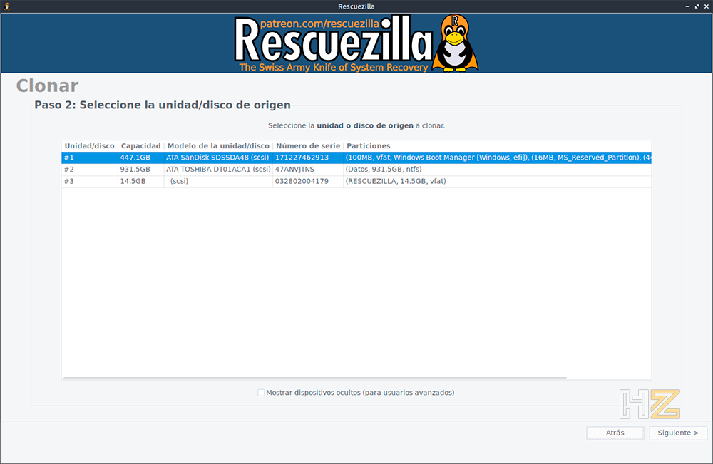 Paso de selección del disco de origen en Rescuezilla, donde se elige el HDD que se va a clonar