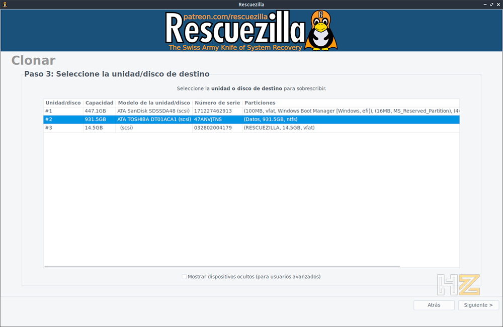 Paso de selección del disco de destino en Rescuezilla, eligiendo el nuevo SSD para recibir los datos clonados