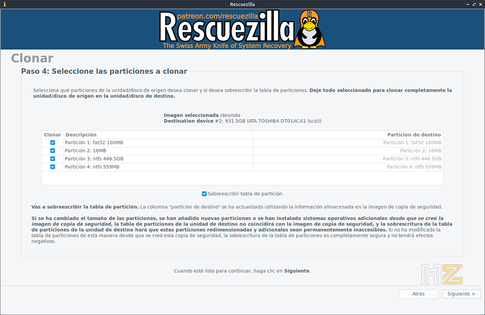 Ventana de selección de particiones en Rescuezilla, mostrando todas las particiones del disco de origen que serán copiadas