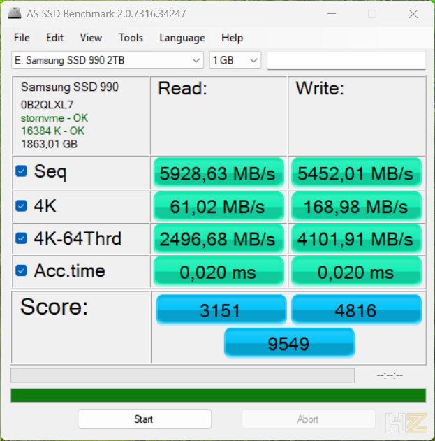 Resultados de la prueba de rendimiento AS SSD Benchmark para una unidad Samsung SSD 990 de 2 TB, mostrando velocidades de lectura secuencial de 5928 MB/s y escritura de 5452 MB/s.