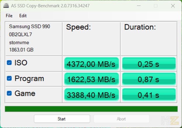 Captura de pantalla de AS SSD Copy-Benchmark mostrando resultados de velocidad del Samsung SSD 990 para archivos ISO, programas y juegos.