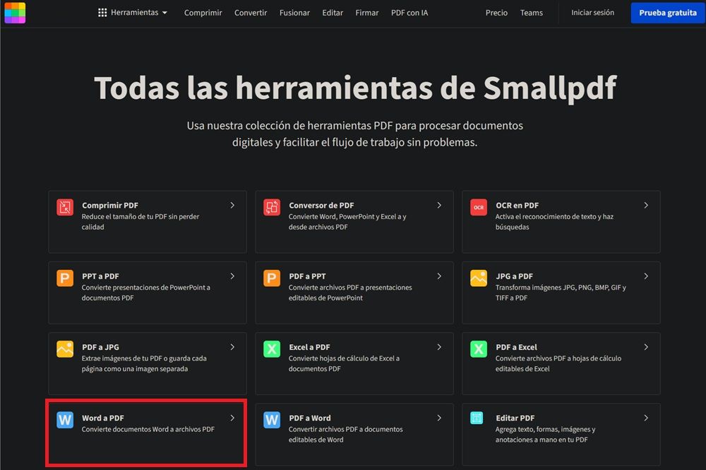 Pasar documento WORD a PDF a través de las herramientas de smallpdf