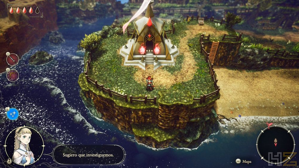 Vista aérea de un personaje frente a un templo en una isla elevada rodeada de mar en el videojuego The Adventures of Elliot.