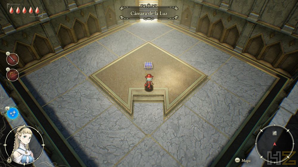 Vista superior de un personaje en el centro de una sala de piedra con diseño romboidal dentro del videojuego The Adventures of Elliot.