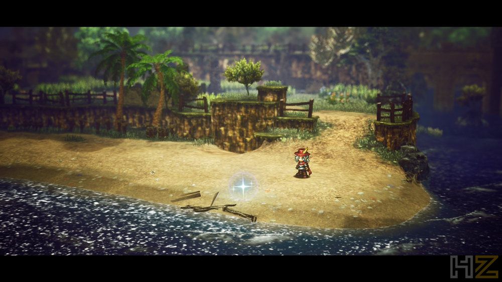 Personaje de estilo pixel art junto a un destello brillante en una orilla de arena frente a un río, con palmeras y estructuras de piedra al fondo.