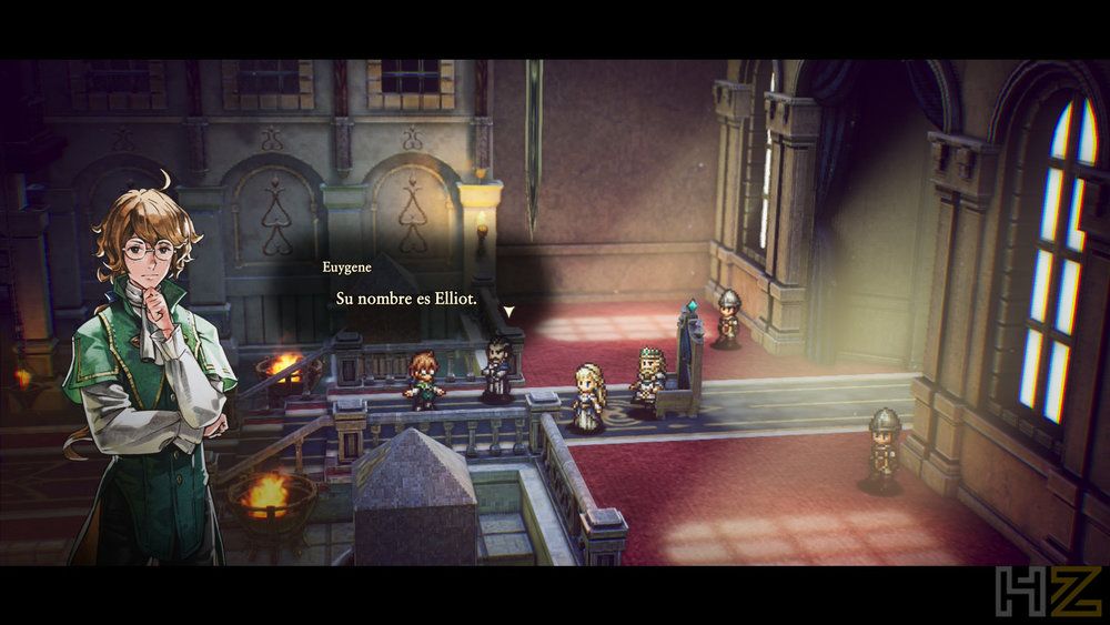 Escena de videojuego RPG en estilo HD-2D mostrando un gran salón iluminado con luz natural y personajes en miniatura junto a un cuadro de diálogo en español.
