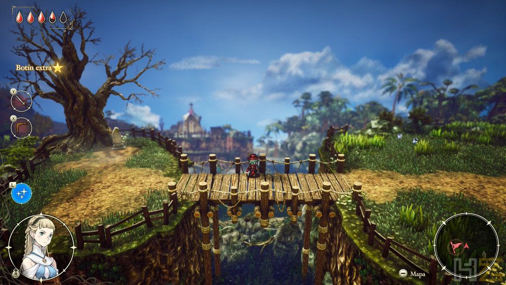 Captura de pantalla del videojuego The Adventures of Elliot donde un personaje cruza un puente de madera en un entorno de fantasía con vegetación frondosa y una aldea al fondo.