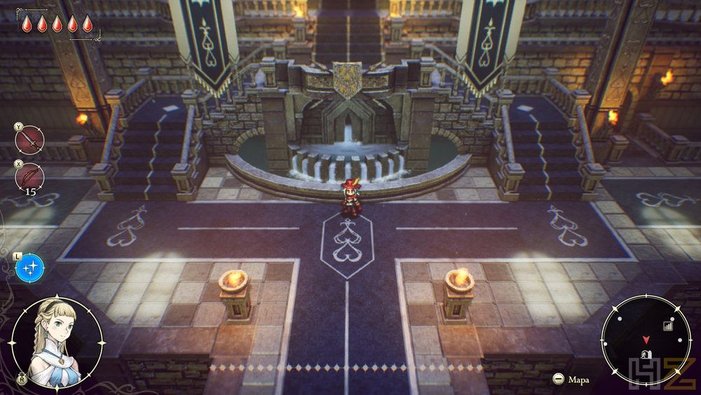 Personaje protagonista frente a una fuente ornamental en el interior de un gran castillo de piedra con escalinatas laterales y estandartes colgantes.