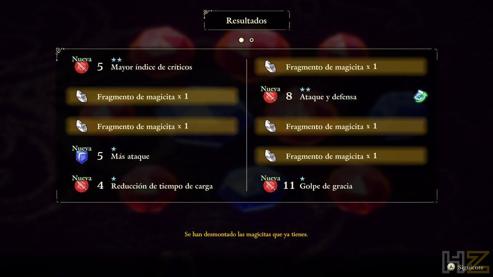 Interfaz de menú de resultados en un videojuego que muestra una lista de objetos obtenidos, incluyendo fragmentos de magicita y bonificadores de estadísticas como ataque, defensa y crítico.
