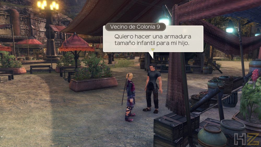 Conversación en Xenoblade Chronicles Definitive Edition entre Shulk y un habitante de Colonia 9 sobre la creación de una armadura.
