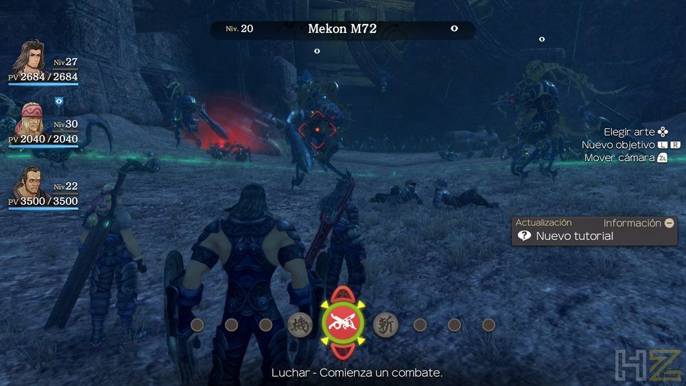 Interfaz de combate de Xenoblade Chronicles Definitive Edition donde un grupo de personajes se enfrenta a enemigos robóticos Mekon en un entorno nocturno.