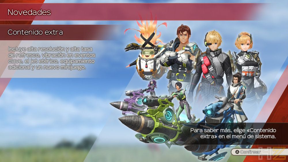 Menú de novedades en Xenoblade Chronicles Definitive Edition detallando el contenido extra con varios personajes del juego sobre un fondo de cielo azul.