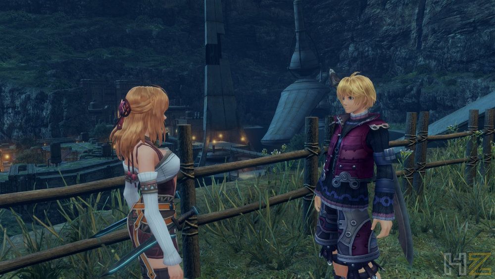 Shulk y Fiora conversando junto a una valla de madera en Colonia 9 al atardecer.