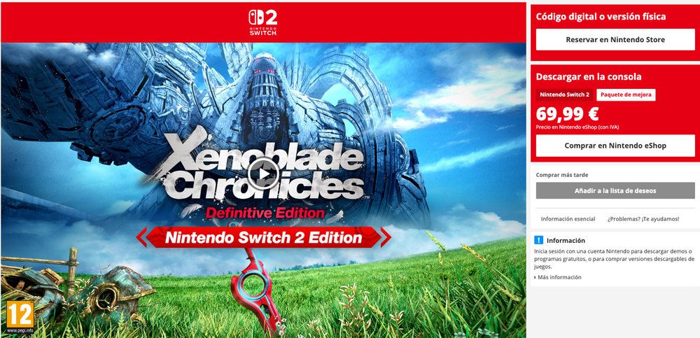 Interfaz de la eShop de Nintendo mostrando la ficha de Xenoblade Chronicles Definitive Edition para Nintendo Switch 2 con precio y opciones de compra.