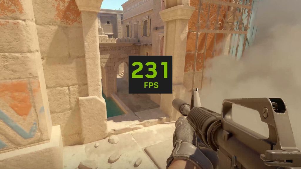 Contador de FPS en un videojuego de disparos, mostrando una tasa estable de 231 fotogramas por segundo, indicativo de un alto rendimiento para gaming competitivo.