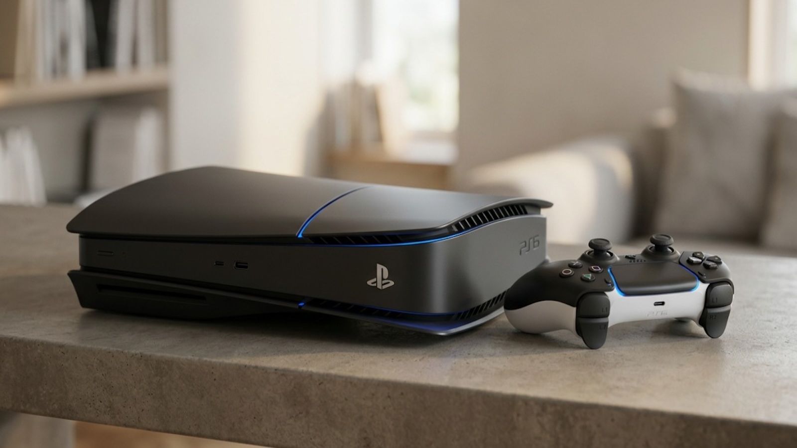 Consola de videojuegos de color negro con diseño aerodinámico y luces azules junto a un mando DualSense sobre una mesa.