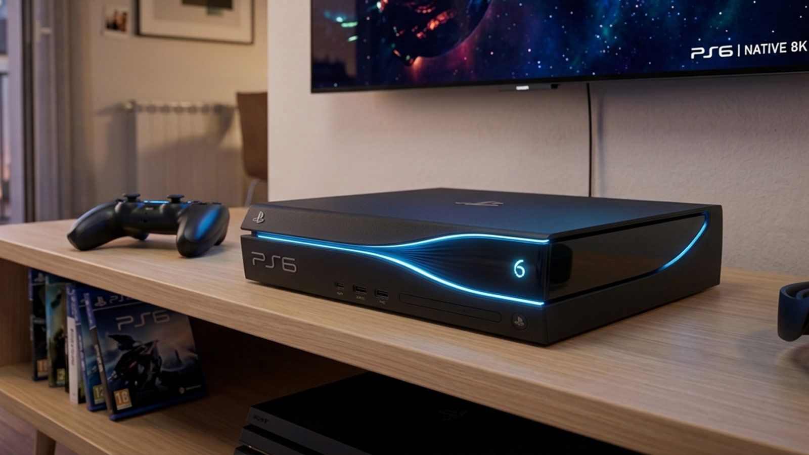 Diseño conceptual de una consola PlayStation 6 negra con líneas de iluminación LED azul sobre un mueble de madera.