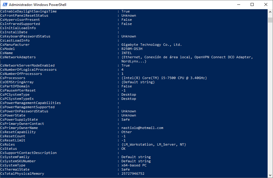 PowerShell Información del sistema
