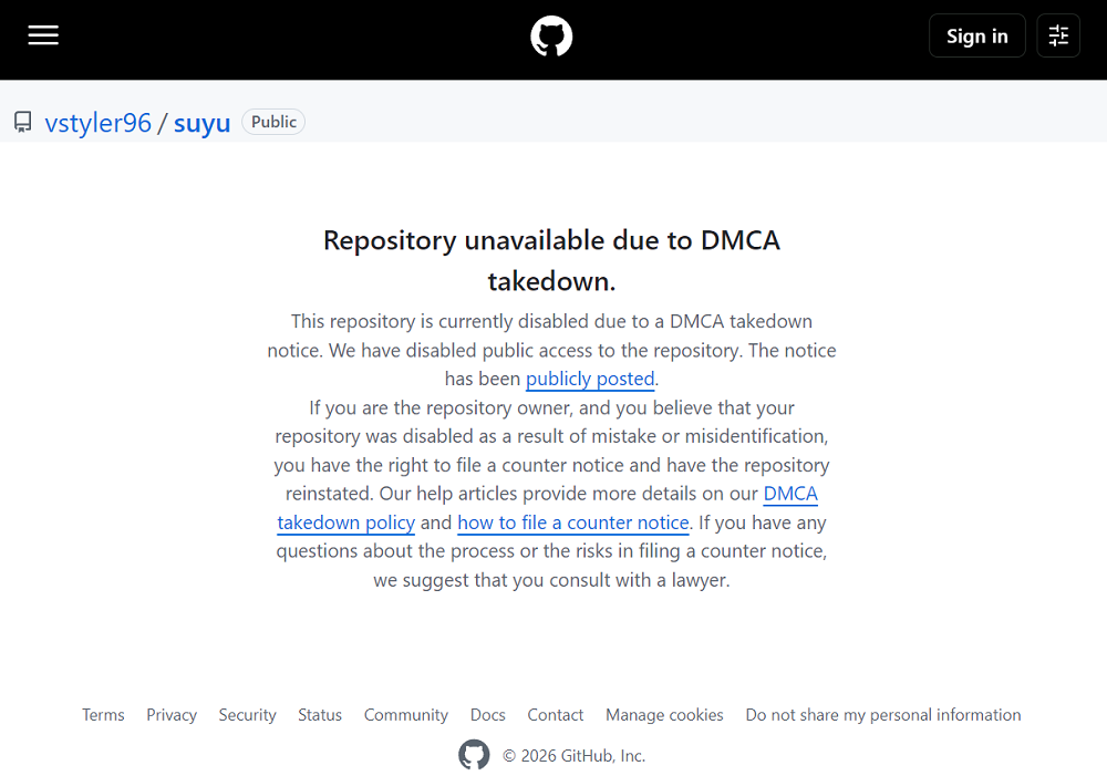 Aviso de repositorio no disponible en GitHub por reclamación DMCA para el proyecto Suyu.
