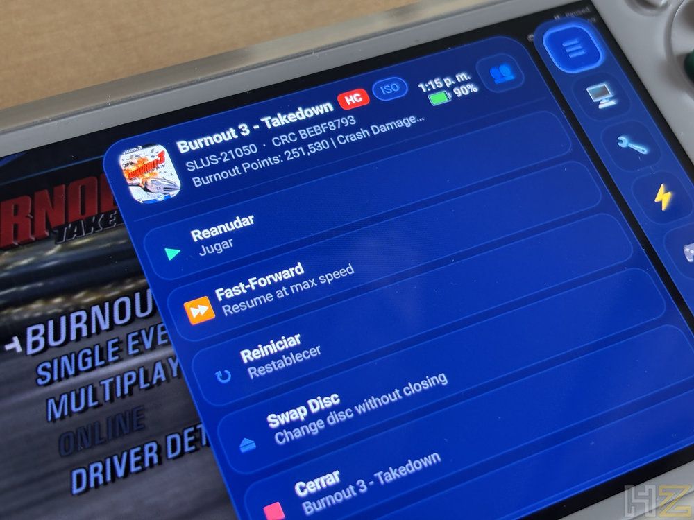 Menú del emulador AetherSX2 en la consola Retroid Pocket 5 mostrando opciones para Burnout 3: Takedown.