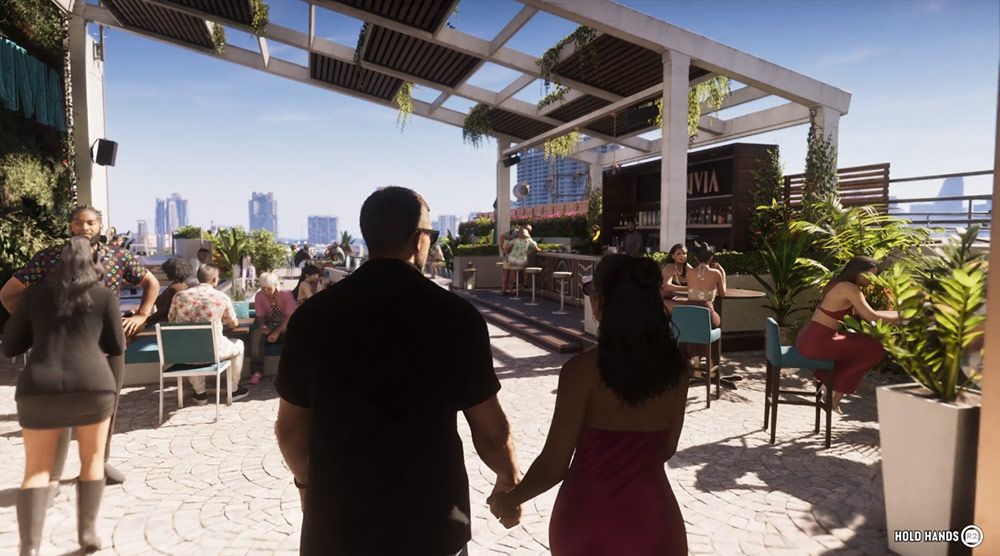 Dos personajes de espaldas caminando de la mano por una terraza con piscina y bar en GTA 6.