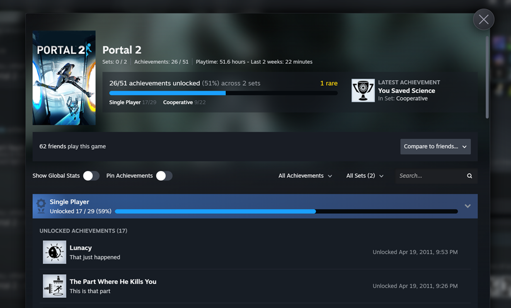 Interfaz de la plataforma Steam mostrando el progreso de logros desbloqueados en el videojuego Portal 2.
